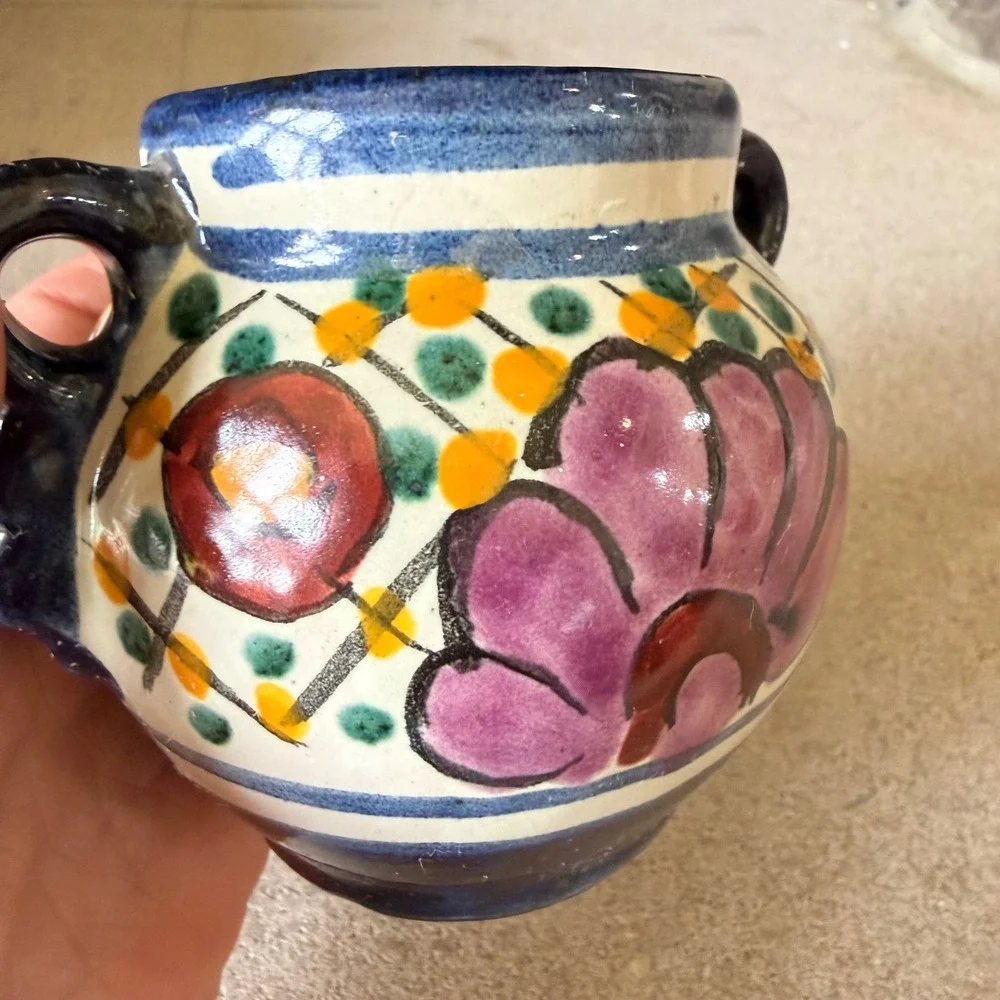 Vintage Talavera Sugar Bowl Mexican Folk Art Pottery Hand Painted Lidded Jar
